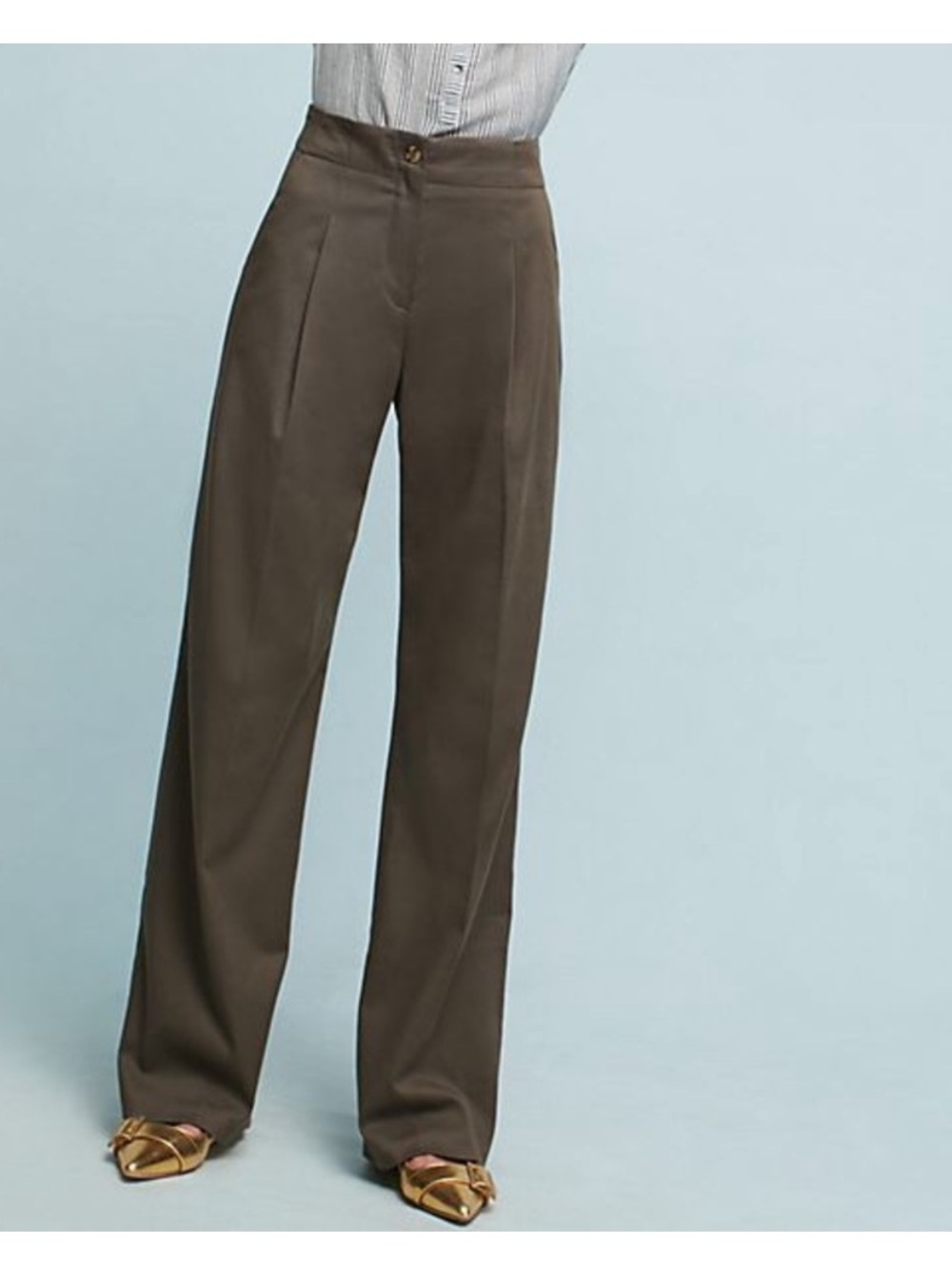Anthropologie The Essential Wide Leg Pleated Front High Rise Brown Green Pants 0